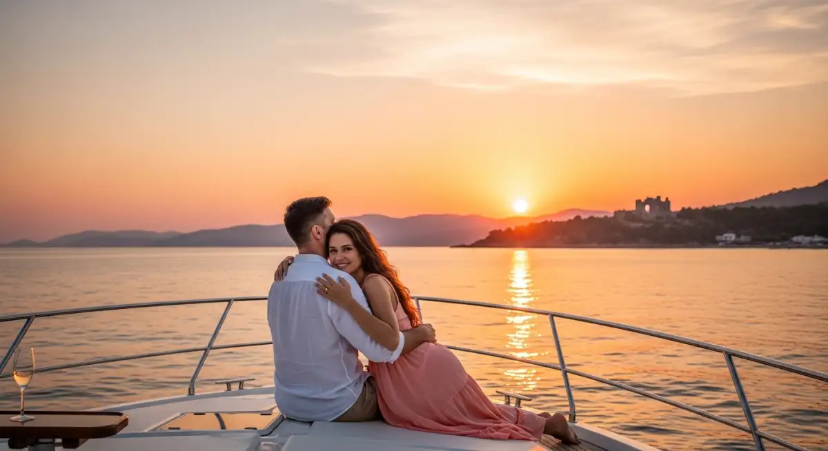 Couple capturing romantic yacht photography memories Turkish sunset vacation