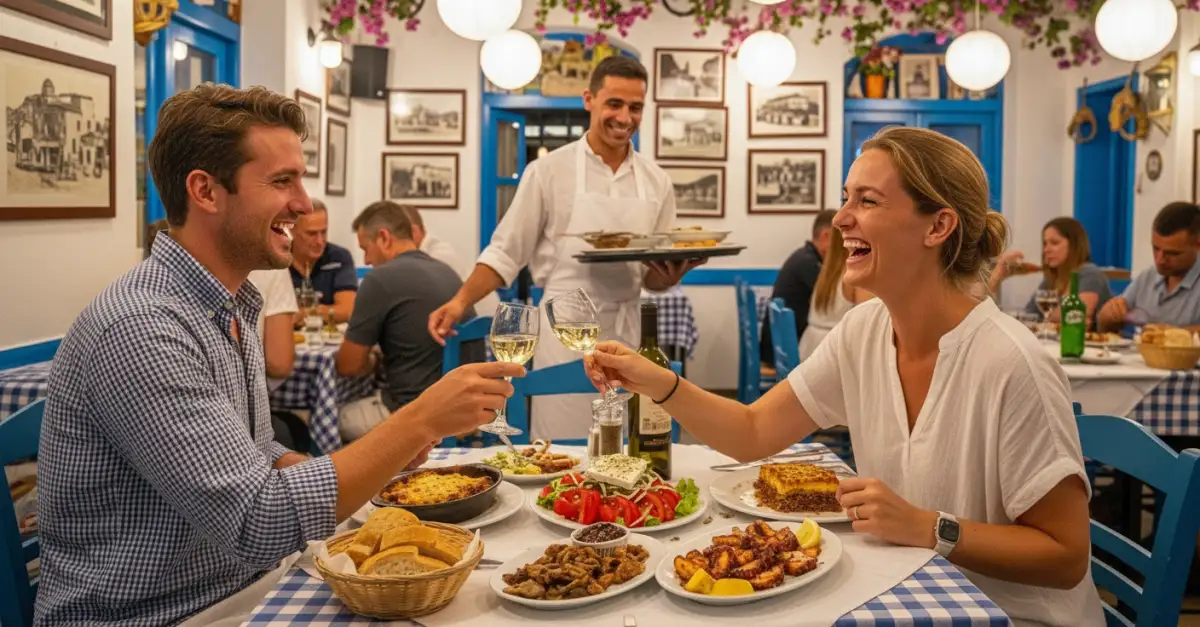 Traditional Greek taverna dining in Kos town, authentic local cuisine perfect for UK travelers seeking cultural experiences