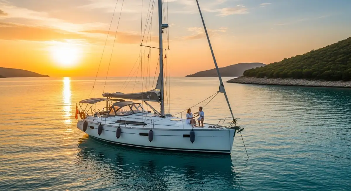 Sunset yacht charter experience in Turkey showing luxury sailing holiday atmosphere for UK travelers