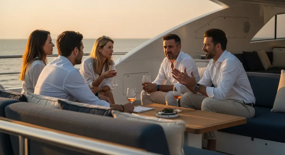 Business professionals building authentic relationships through intimate conversations on corporate yacht charter at sunset
