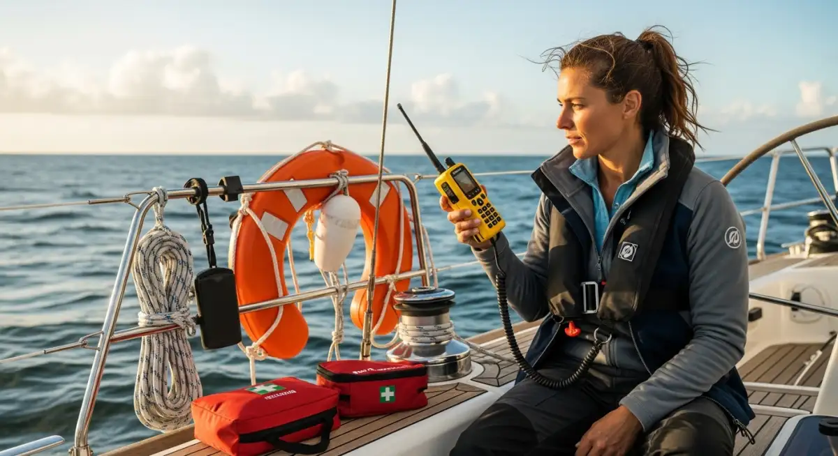 Digital nomad sailor checking emergency communication equipment - safety preparedness for remote sailing in Turkey
