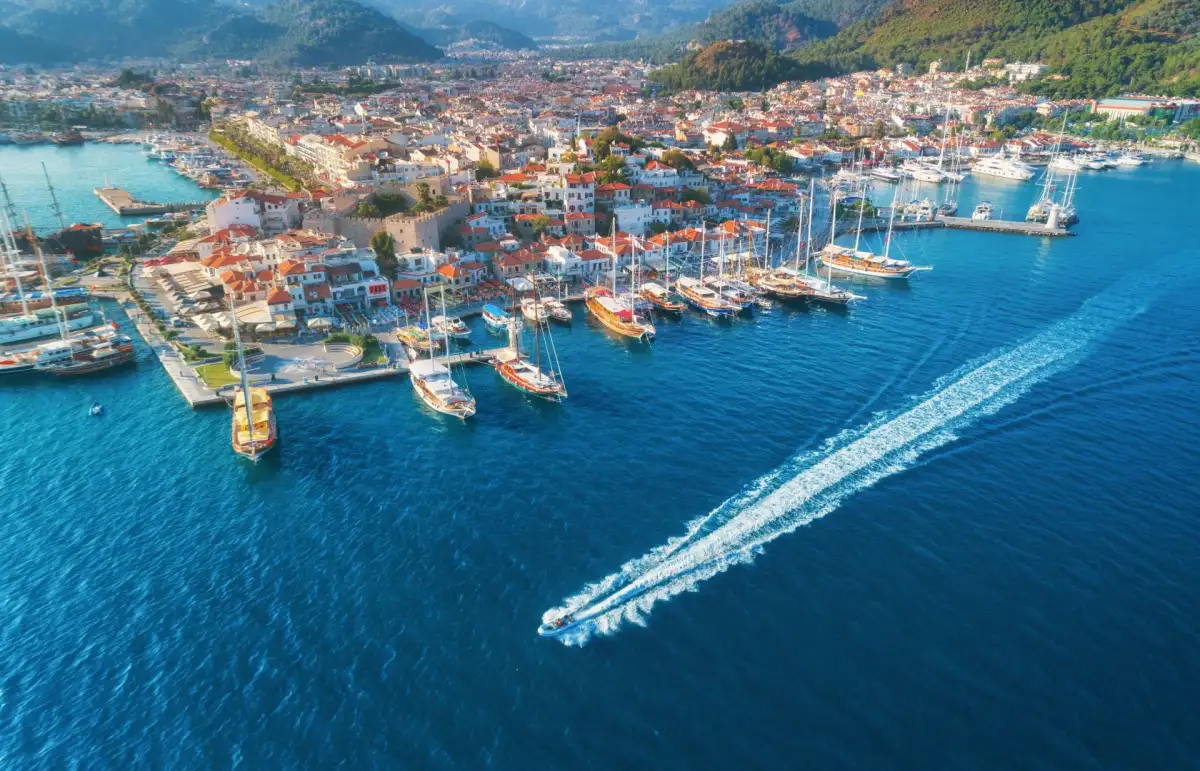 Marmaris marina aerial view showing Turkey's largest yacht charter facility with mountain backdrop
