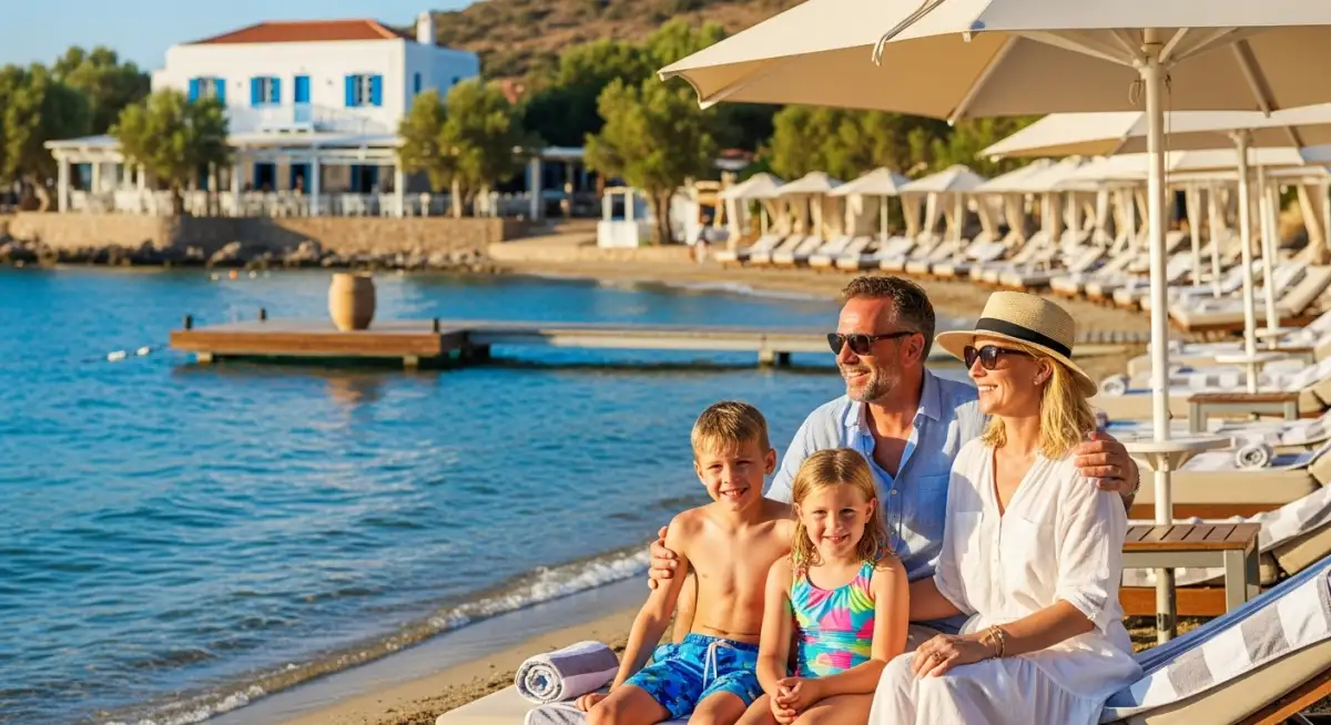 British family enjoying affordable luxury holiday on Kos Greece beaches, smart alternative to expensive Greek islands