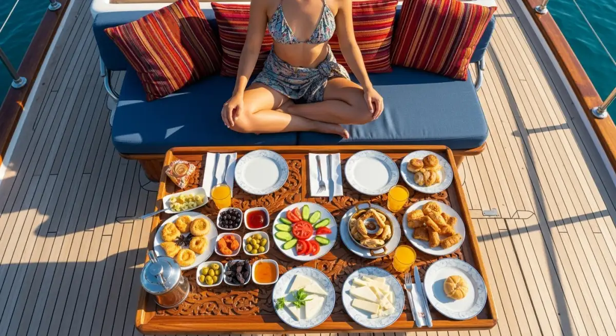Woman enjoying gourmet breakfast on luxury gulet charter - early booking discounts cover premium experiences