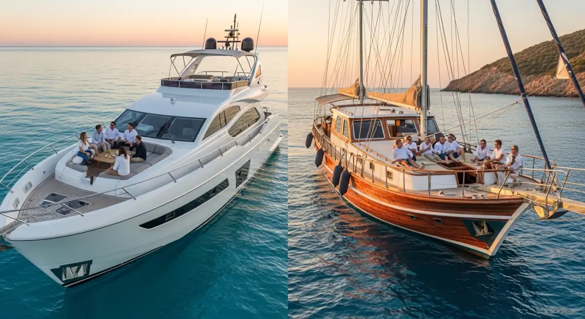 Corporate yacht charter options comparing modern motor yacht and traditional gulet for different team preferences