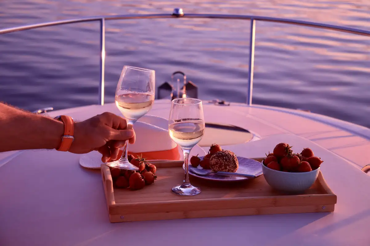 Candlelit dinner setup on private gulet deck for honeymoon couples cruise in Turkey