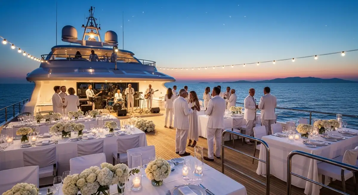 All-white yacht party decoration ideas with elegant table settings on luxury gulet charter Turkey