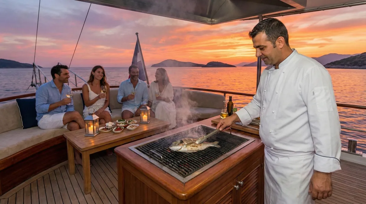 Gulet chef grilling fresh fish on deck BBQ while guests watch at sunset during Turkish Blue Cruise