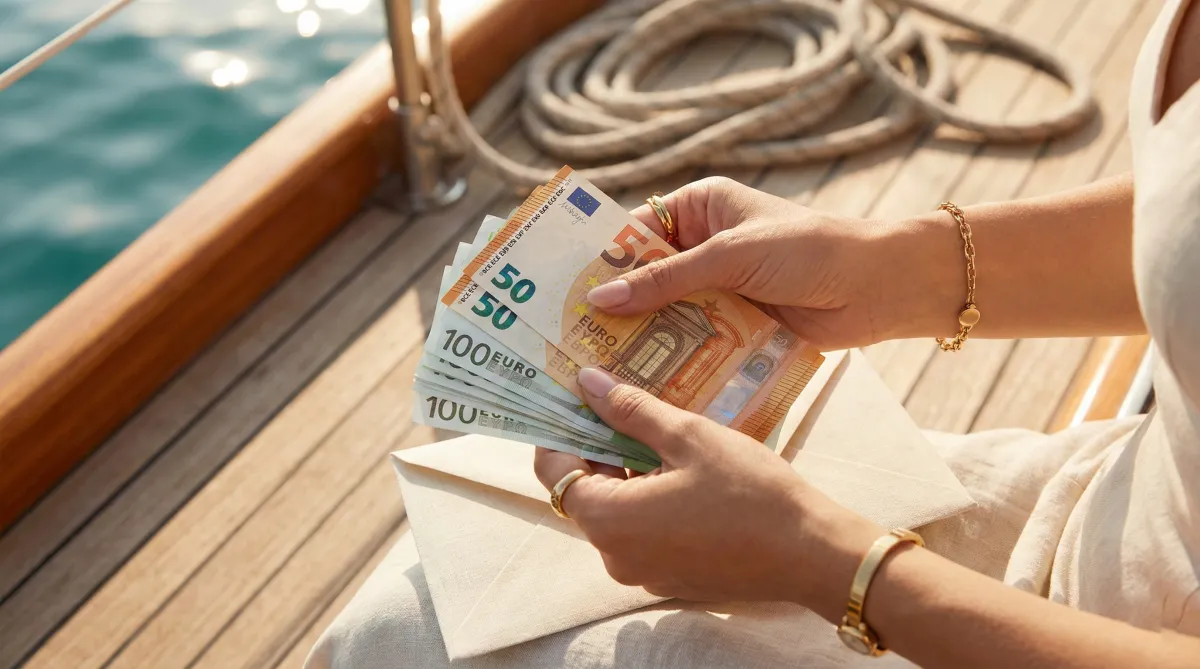 Euro cash prepared for gulet crew tip in white envelope on teak deck