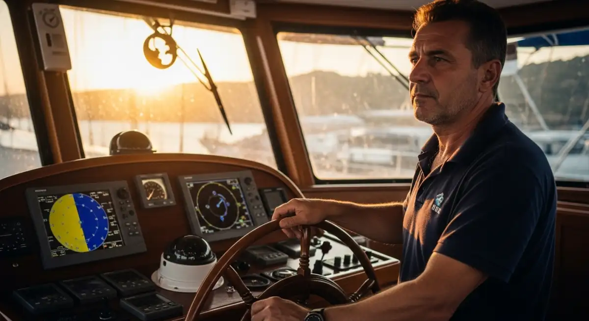 Experienced Turkish gulet captain navigating Mediterranean waters during sunset cruise