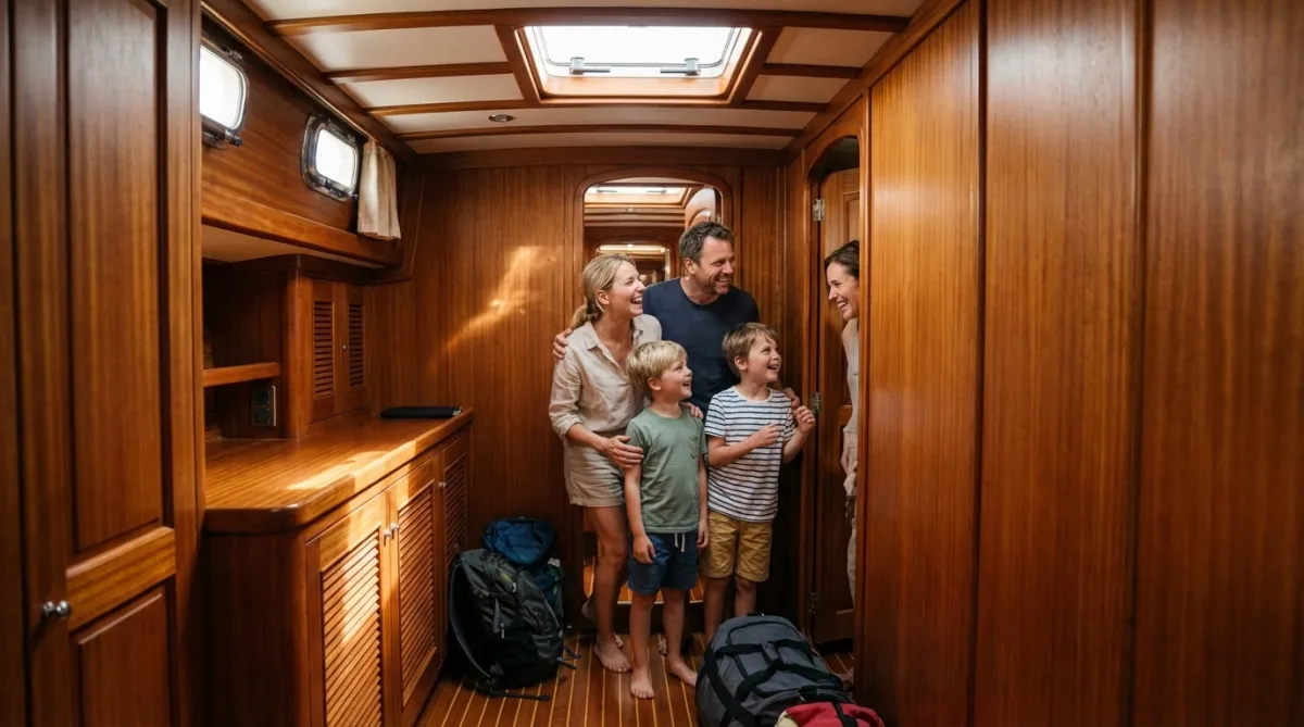 Family choosing a practical twin cabin on a Turkish gulet before departure