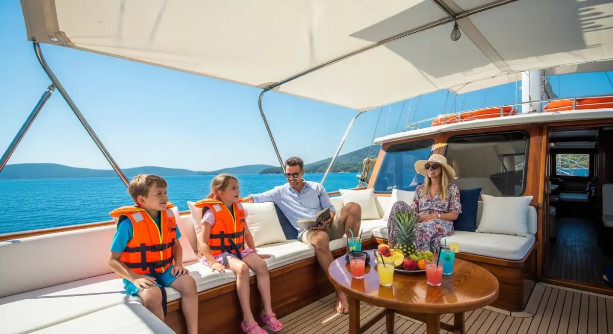 Family-friendly gulet charter in Bodrum with shaded deck areas: kids under 6 free, ages 6-12 half price