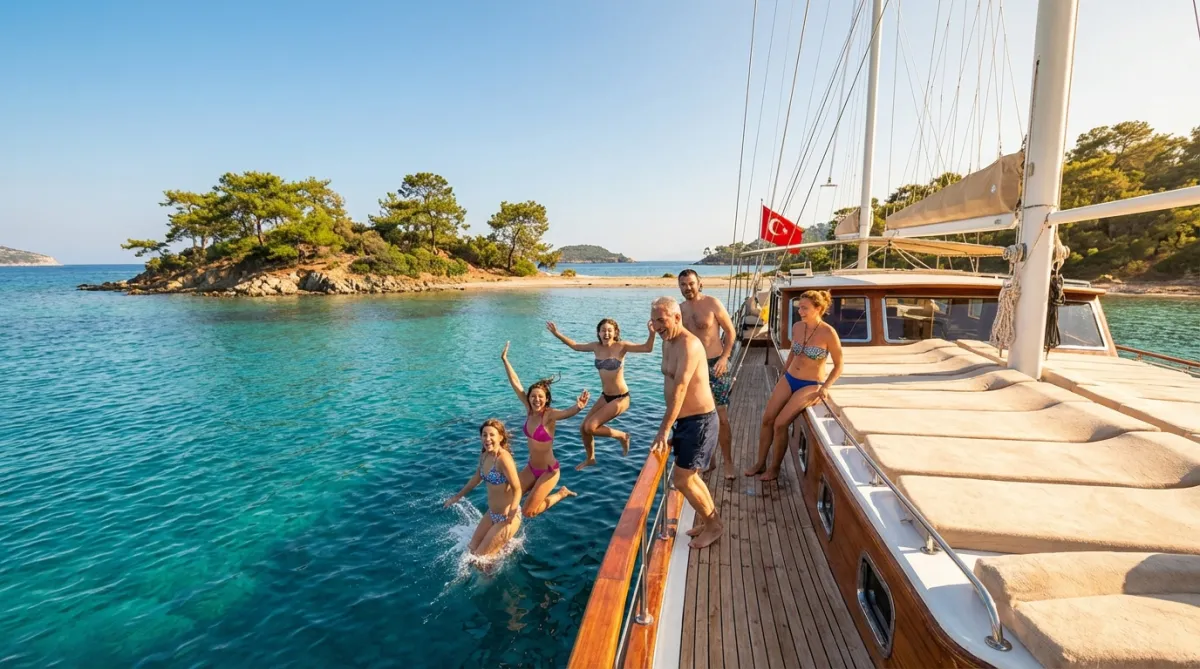Guests swimming near Yassıca Islands on a calm gulet charter route in Turkey