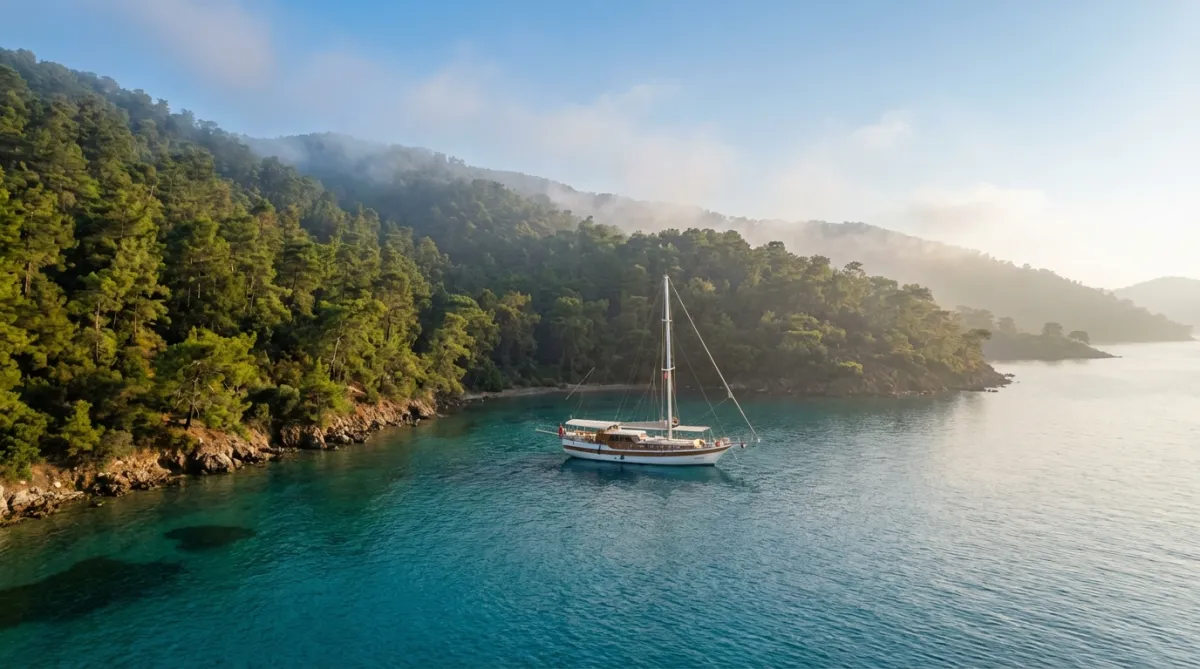 Pine-covered coastline and anchored gulet in the protected Gulf of Gökova (gulet charter Turkey)