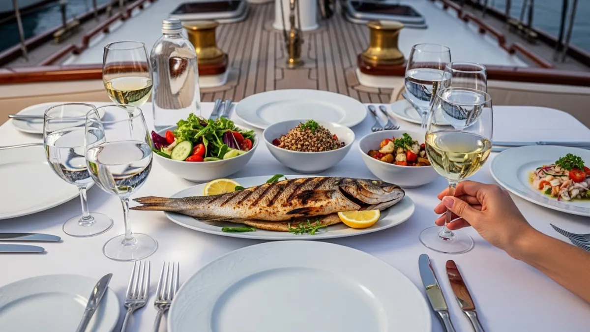 Gourmet seafood dinner served on a private gulet deck