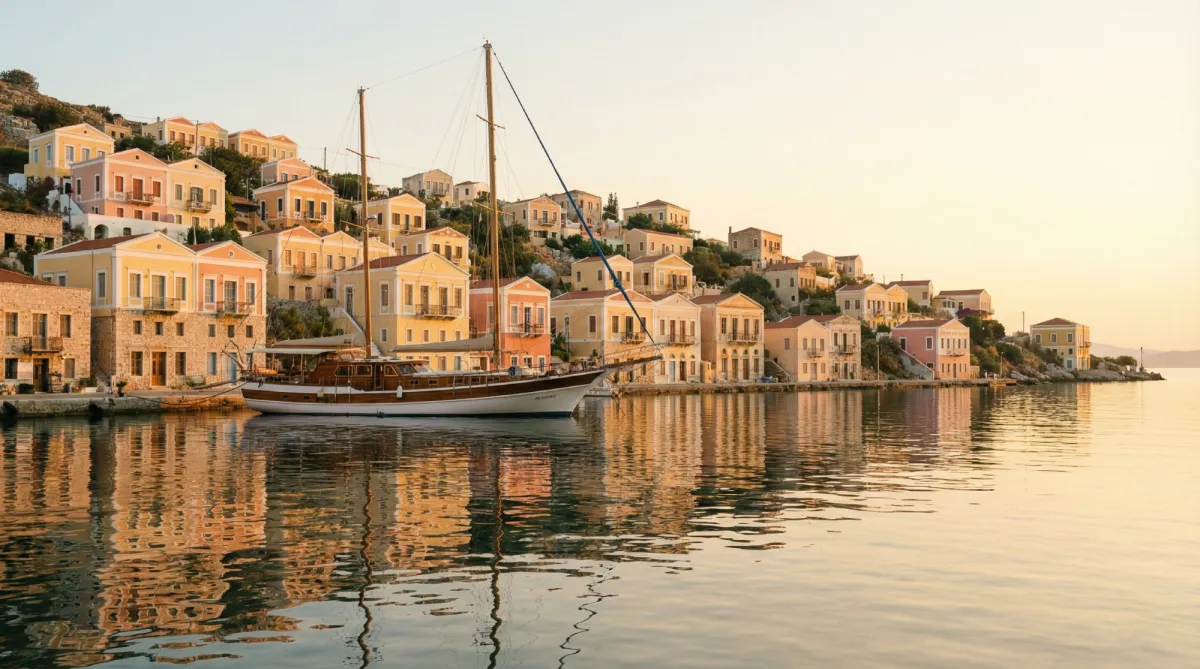 Symi Island pastel neoclassical harbor with gulet moored in golden afternoon light