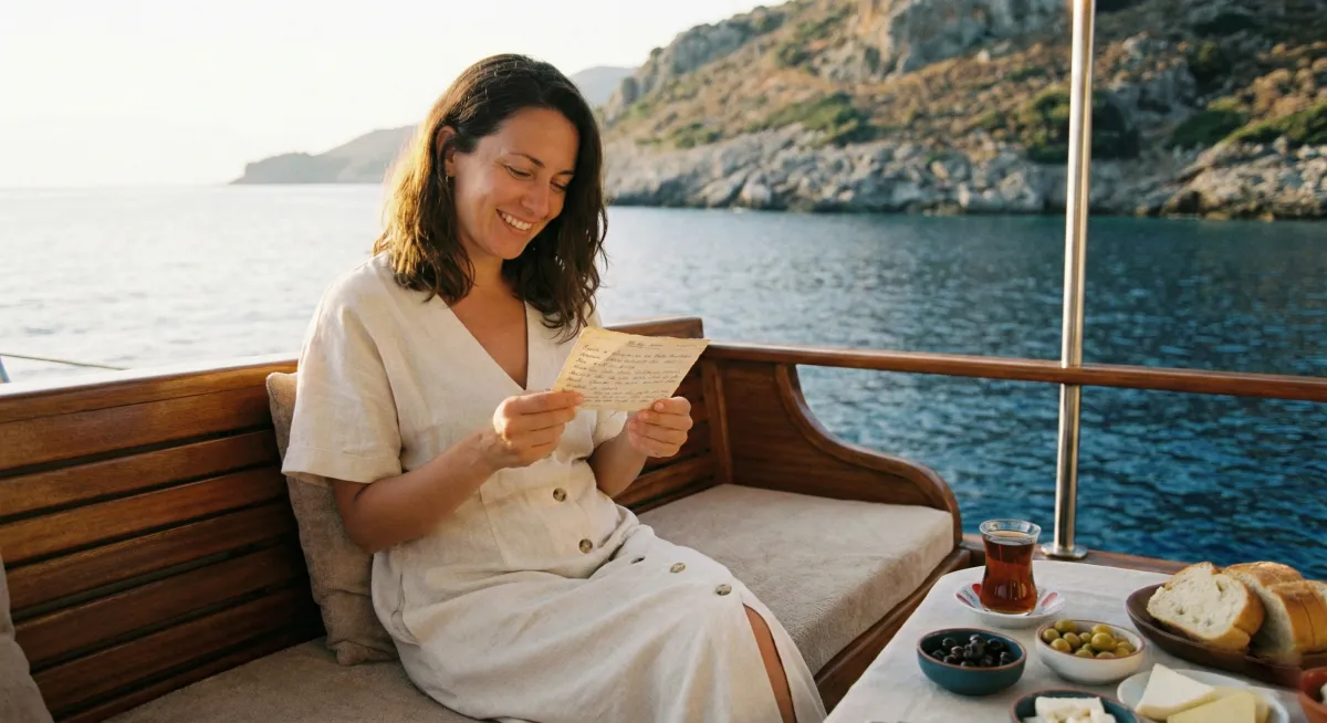 Happy woman guest reading handwritten Turkish recipe card on gulet deck during morning breakfast