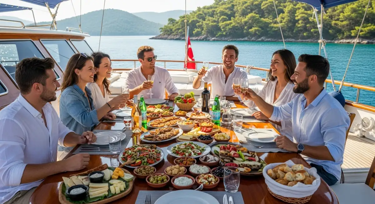 Guests enjoying Mediterranean lunch on Turkish gulet stern deck during Gökova Gulf cruise