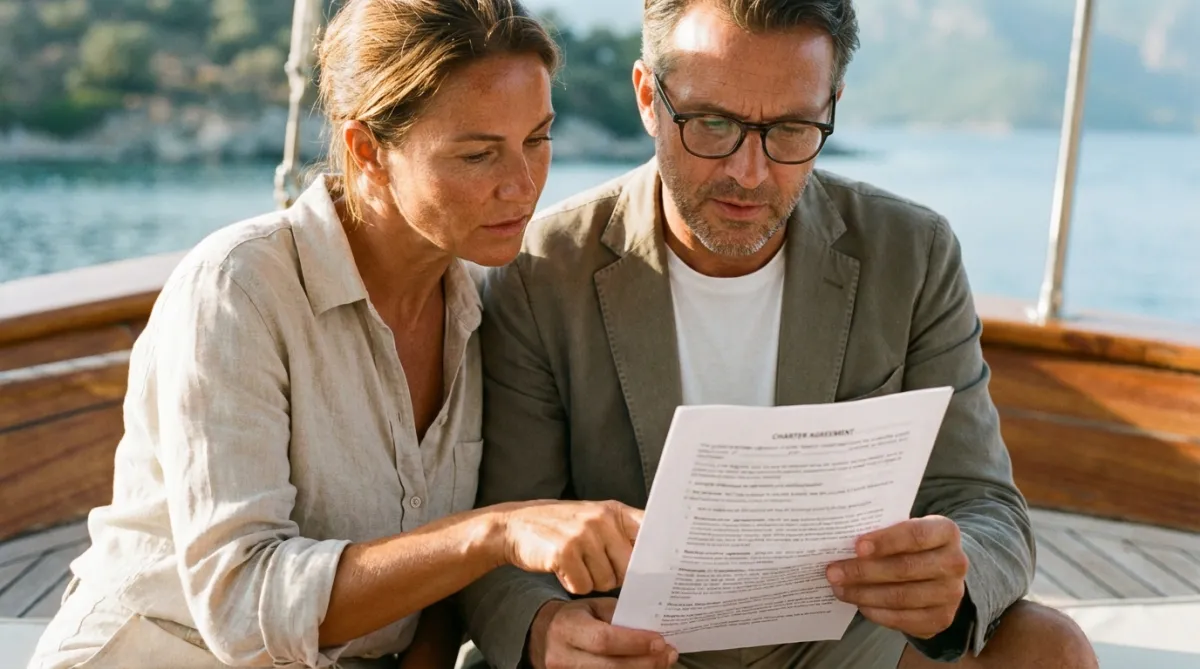 Guests reading gulet contract to confirm what is included in gulet charter before booking.