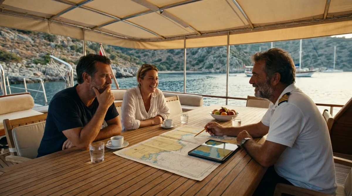 Guests planning a gulet charter route and booking window in Turkey