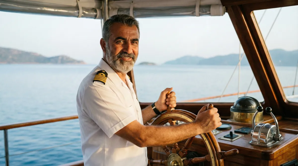Experienced gulet captain navigating Turkish Riviera waters at helm