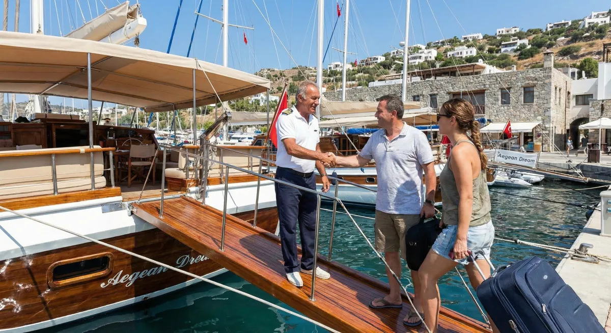 Friendly gulet captain welcoming charter guests aboard at Bodrum marina
