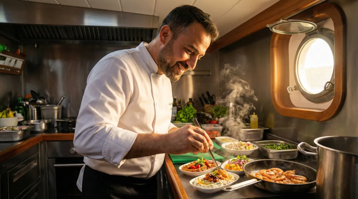 Turkish gulet chef preparing Mediterranean dishes in onboard galley kitchen