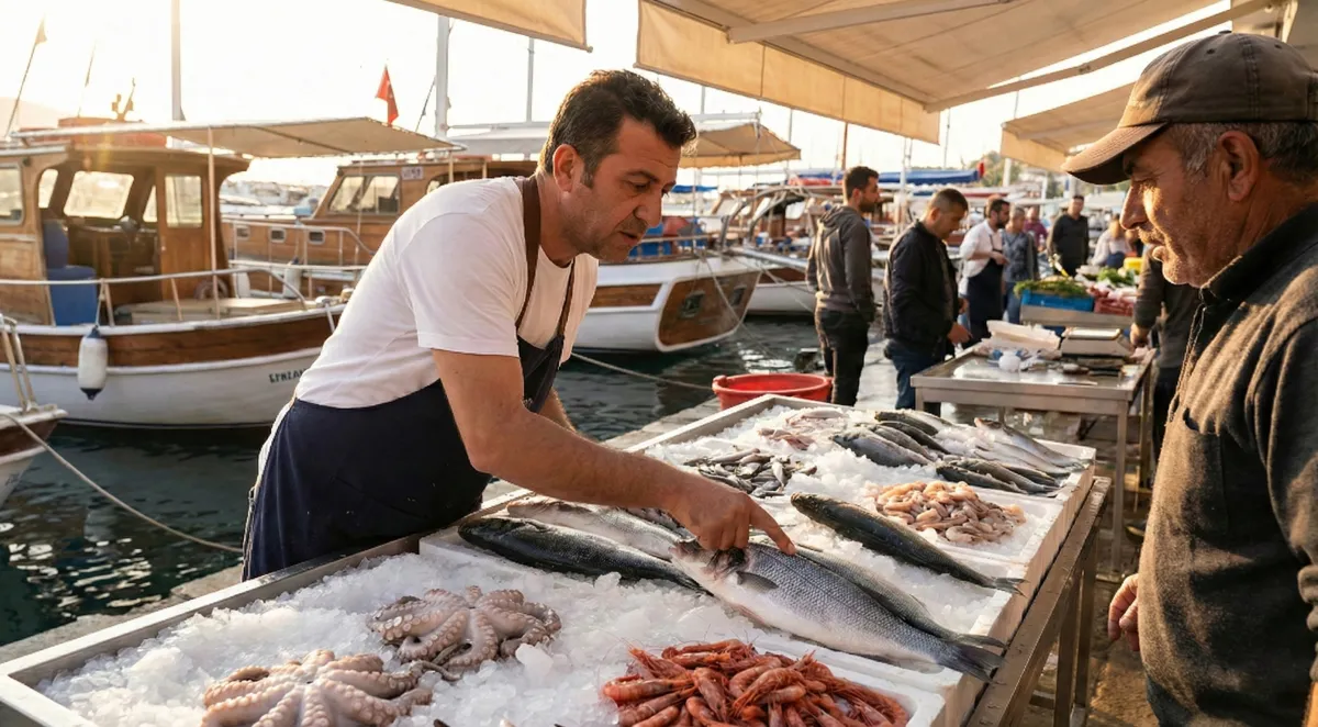Turkish gulet chef selecting fresh fish at early morning coastal market for yacht charter guests