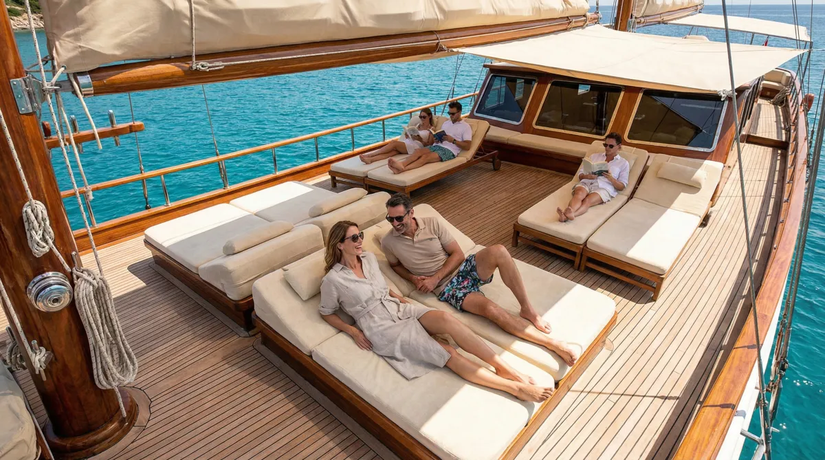 Guests relaxing on spacious gulet sun deck with Mediterranean views during large group charter
