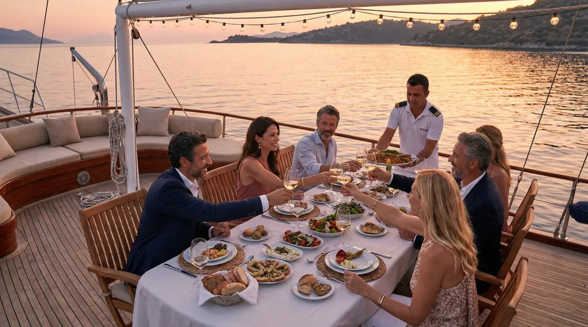 Guests enjoying crew-served dinner on gulet deck during Turkish sunset