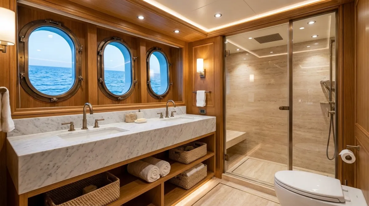 Compact ensuite bathroom detail inside a modern Turkish gulet cabin