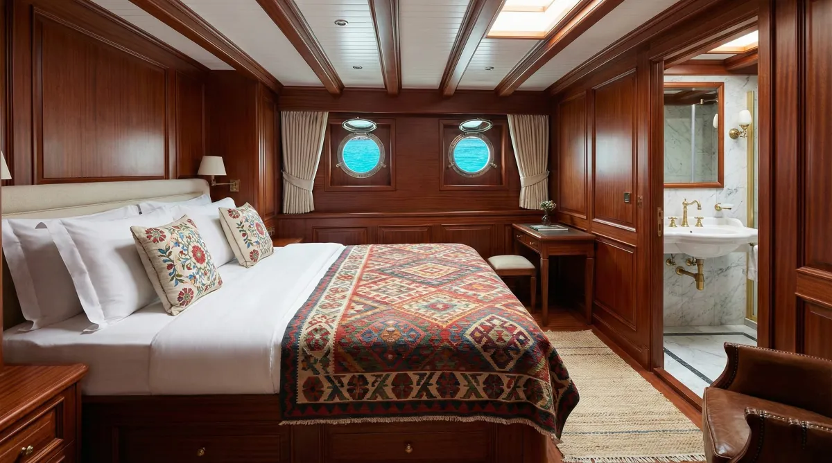 Elegant master cabin interior with ensuite bathroom aboard luxury gulet charter vessel