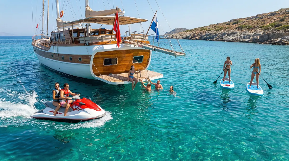 Guests enjoying jet skiing, paddleboarding and swimming during large group gulet charter adventure