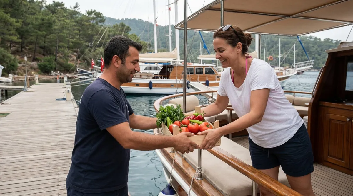 Guest provisioning on a gulet at Karacasöğüt in Gökova, Turkey