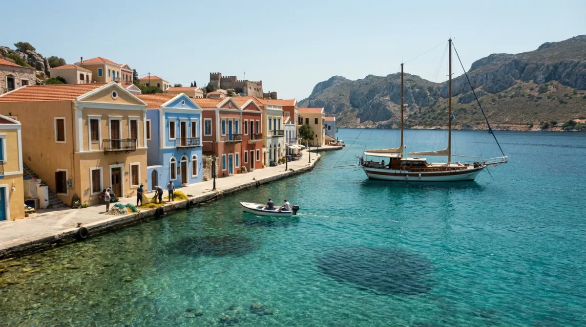 Kastellorizo (Meis) harbor quay with gulet anchored offshore on a Turkey to Greece route