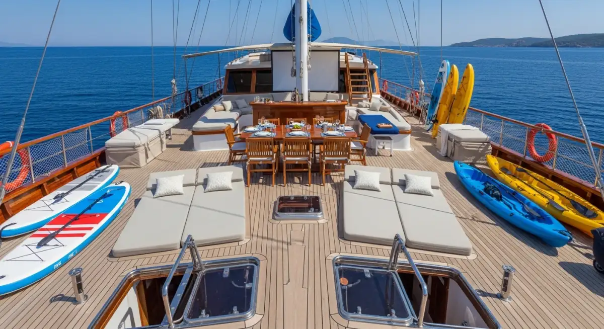 Luxury gulet amenities Turkish yacht charter premium facilities water sports equipment Mediterranean comfort sailing