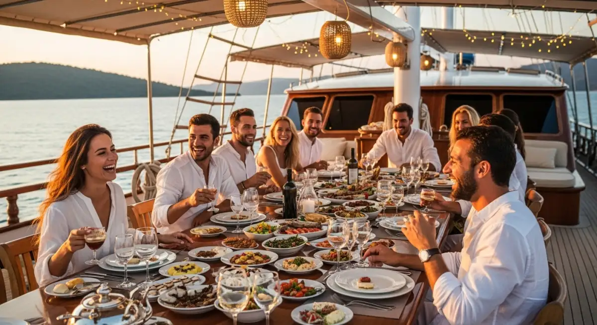 Luxury gulet dining experience Turkish Riviera sunset gourmet food Mediterranean yacht charter lifestyle sailing