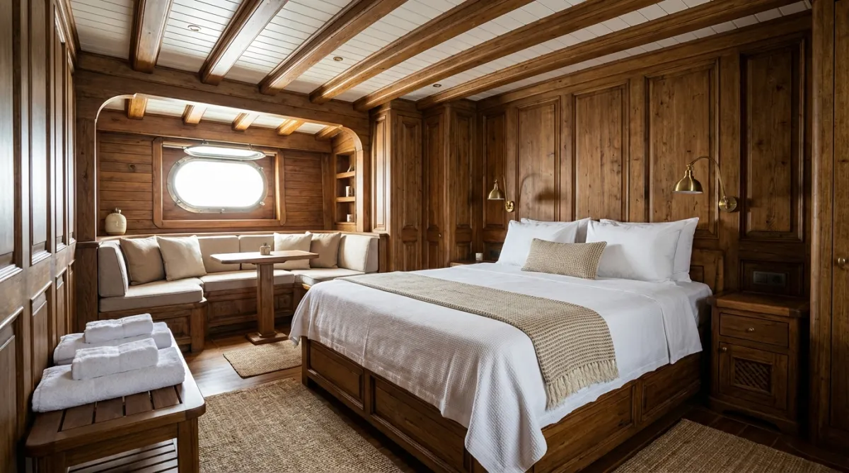 Spacious master cabin interior on a traditional Turkish gulet with warm wood details