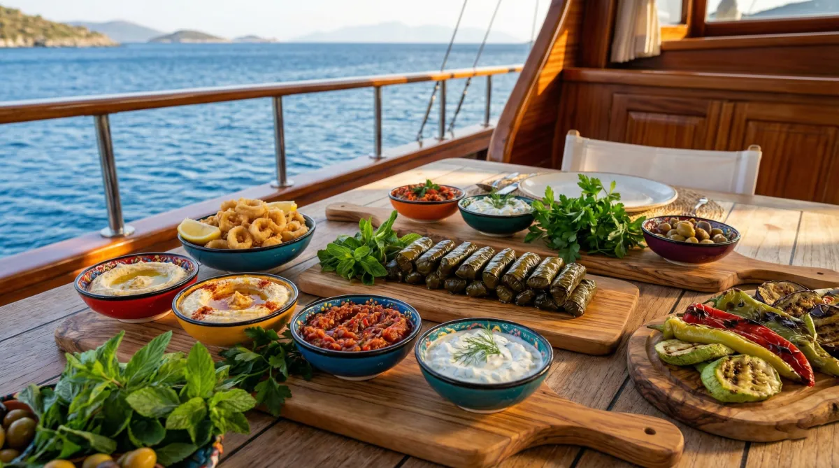 Colorful Mediterranean mezze lunch spread with hummus, dolma, calamari and fresh salads served on Turkish gulet