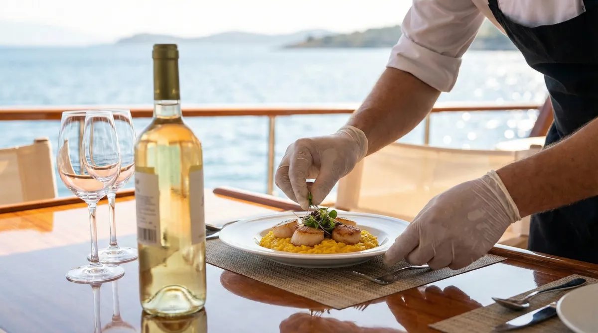 Private chef plating exquisite seafood dish on a luxury gulet table