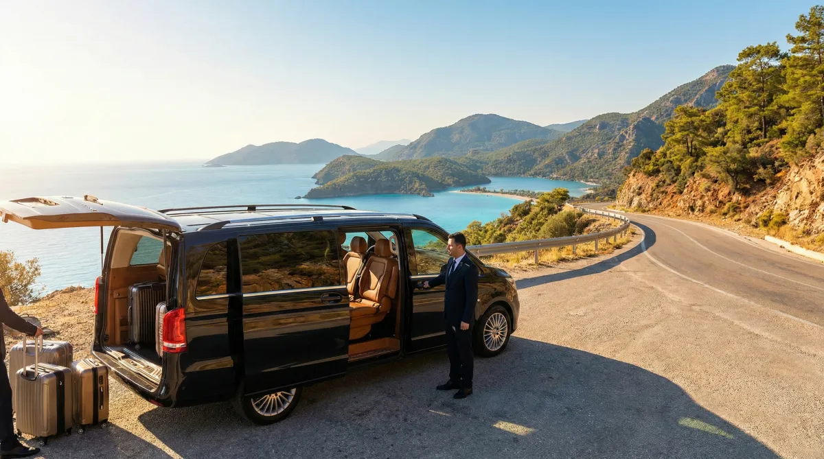 Private airport transfer Mercedes Vito on scenic Bodrum coastal road to marina