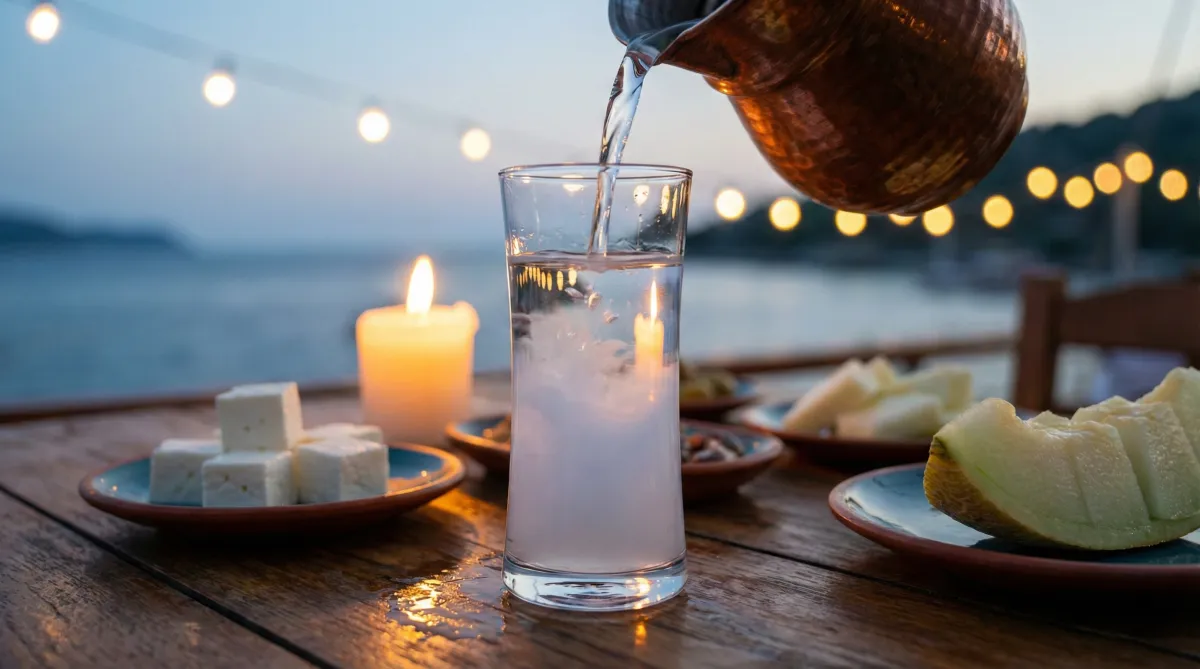 Traditional Turkish raki turning milky white with water, surrounded by mezze appetizers during evening gulet dinner