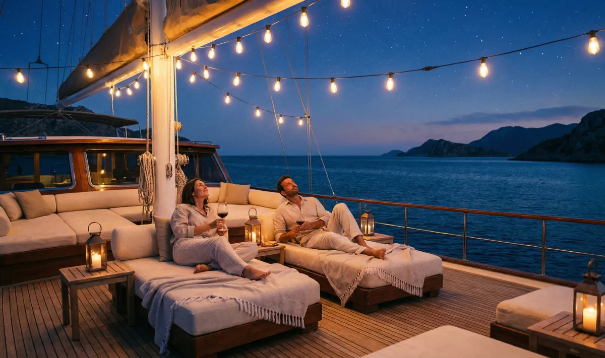 Romantic evening atmosphere on gulet deck with string lights and couple relaxing