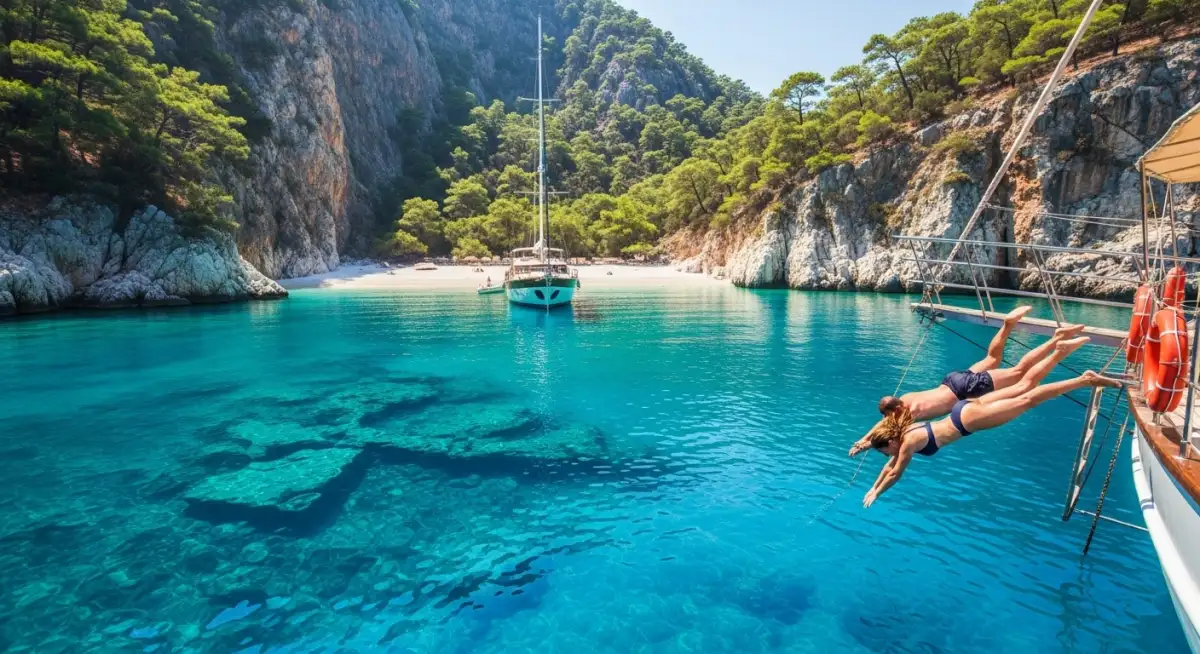 Secluded Turkish bay luxury gulet charter swimming crystal waters Mediterranean hidden coves sailing