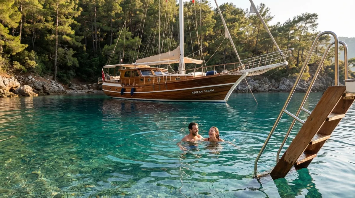 Couple swimming from a gulet in a quiet shoulder-season cove in Turkey