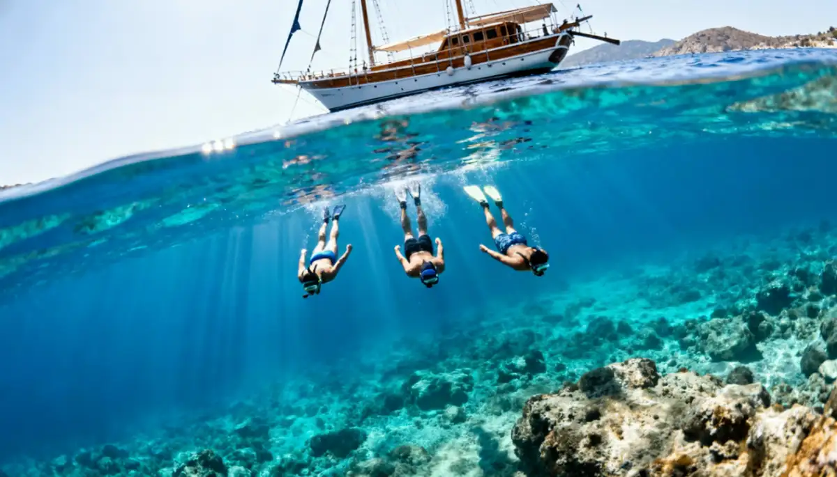 Snorkeling in Aquarium Bay Bodrum: 8-12 meter depth crystal clear water with traditional gulet anchored above