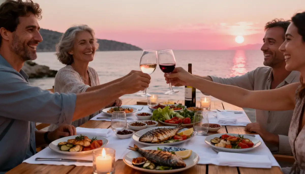 Sunset dinner party on luxury gulet deck - Mediterranean seafood feast with guests enjoying authentic Blue Cruise dining experience