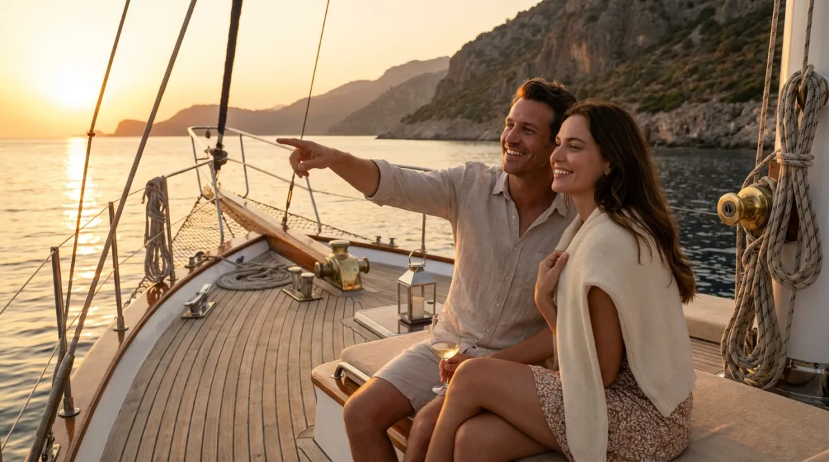 Couple choosing the best gulet charter season in Turkey at sunset