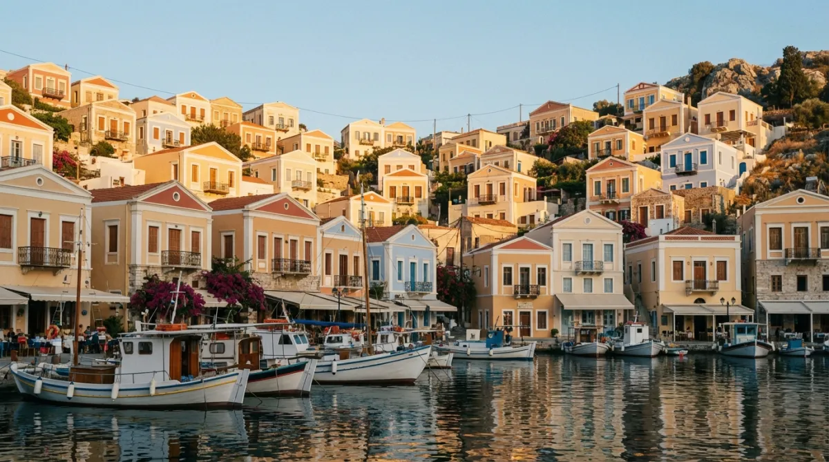 Symi island harbor view after sailing Turkey to Greek islands on a charter