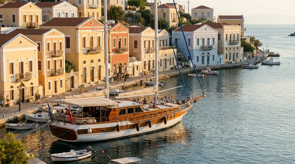 Gulet arriving in Symi harbour during a Turkey to Greek islands couple route